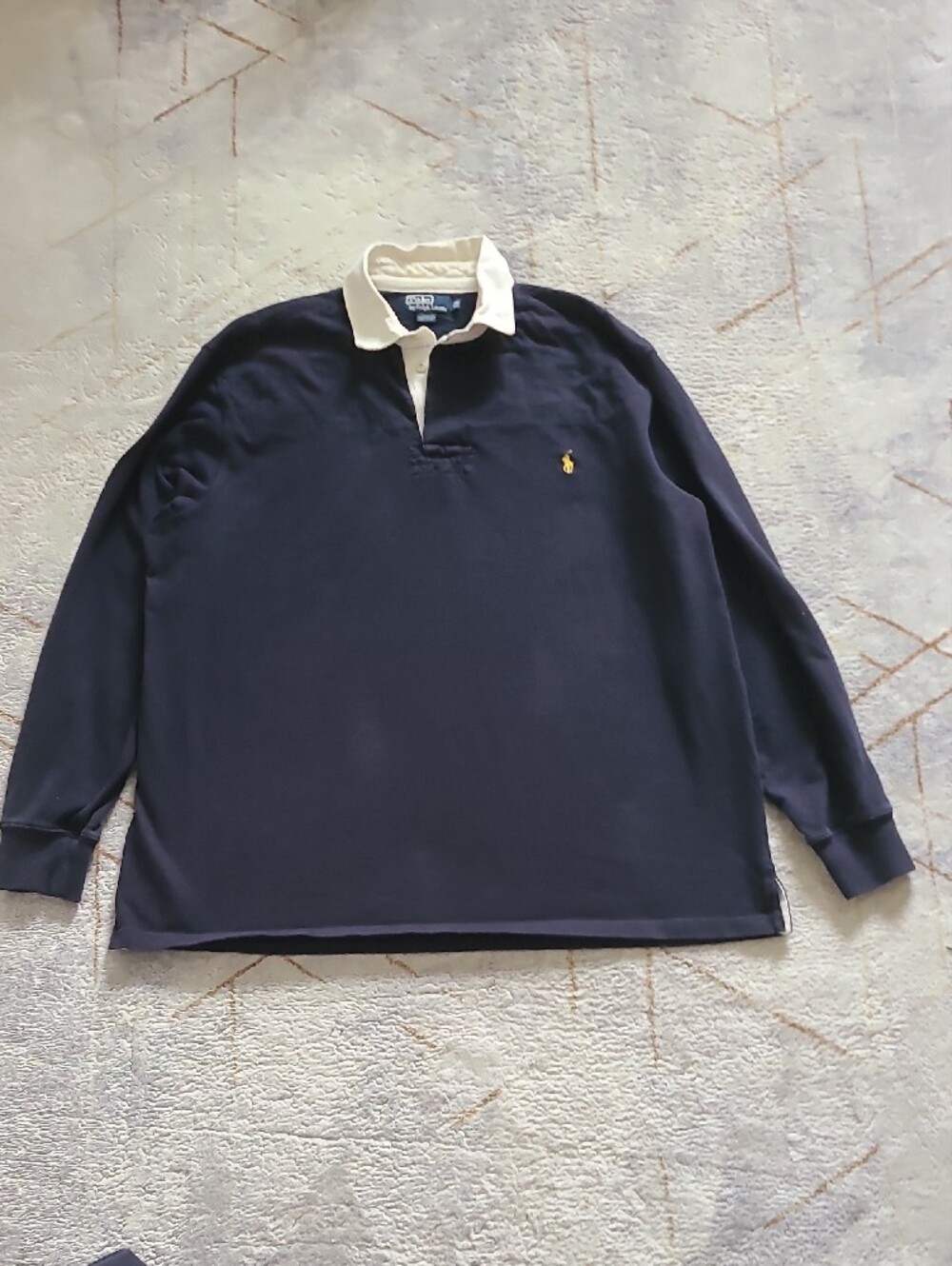 Vtg Polo Ralph Lauren Rugby Shirt 2LT Tall Navy Cream Elbow Patch Big & Tall